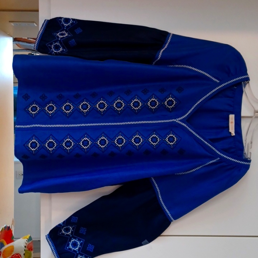 Tory Burch vibrant royal and navy blue silk tunic. Hand embroidery  adorn .
